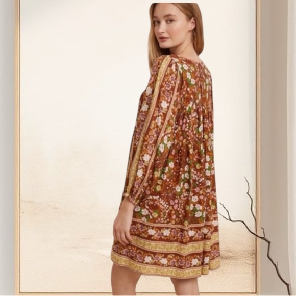 Brown Rust Orange Brown Floral Print Smocked Babydoll Mini Dress - Picture 3 of 8